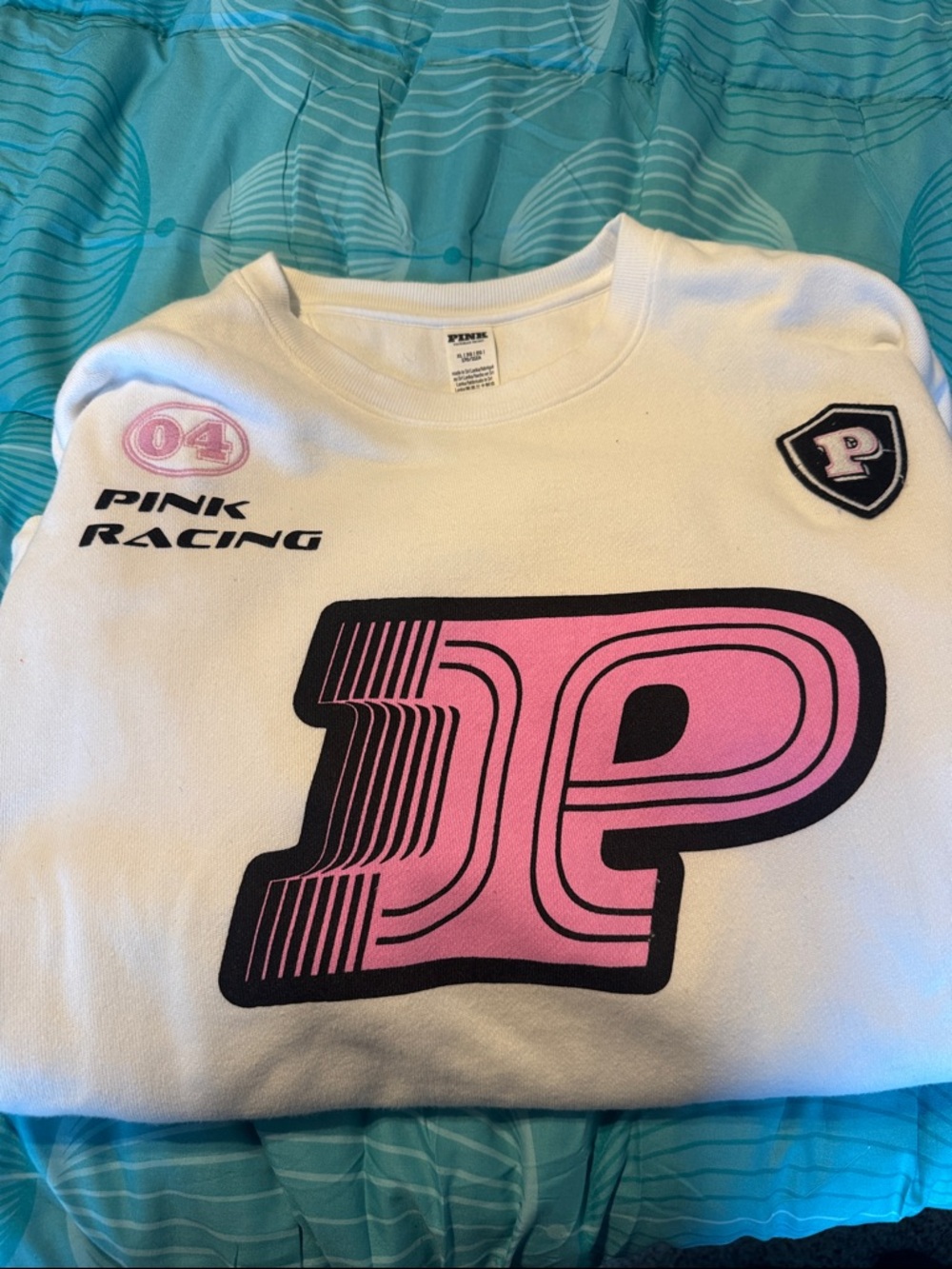 PINK Victoria's Secret White Crewneck Sweatshirt with Pink Racing Logo